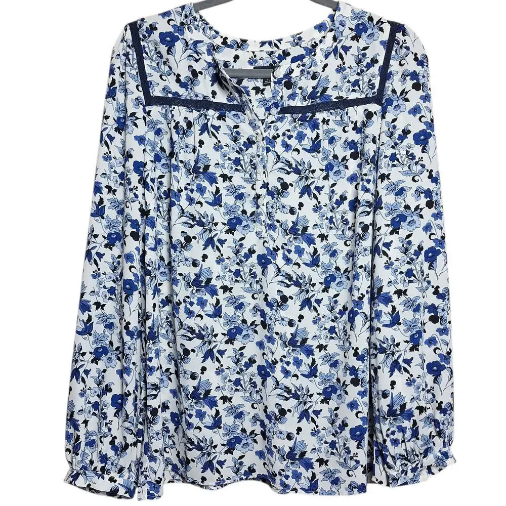 Talbots NEW floral blue puppy flower print peasant style button blouse L boho